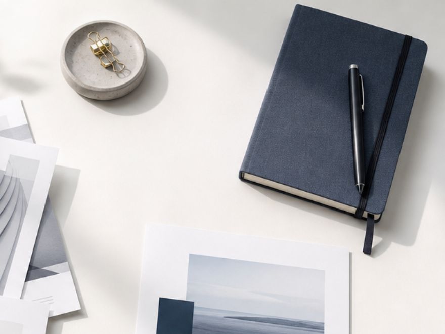A navy notebook and pen on a light desk